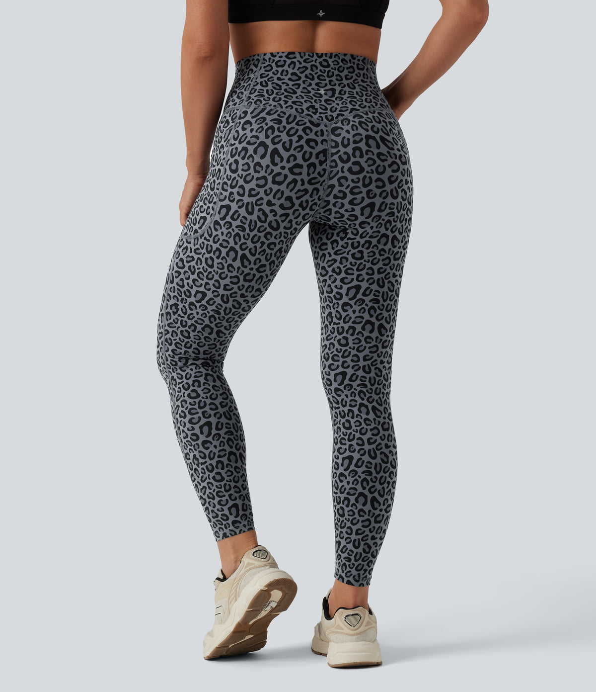 Leopard Print High Waisted Tummy Control Yoga Leggings with Pockets — Charcoal Mist Leopard — view 2