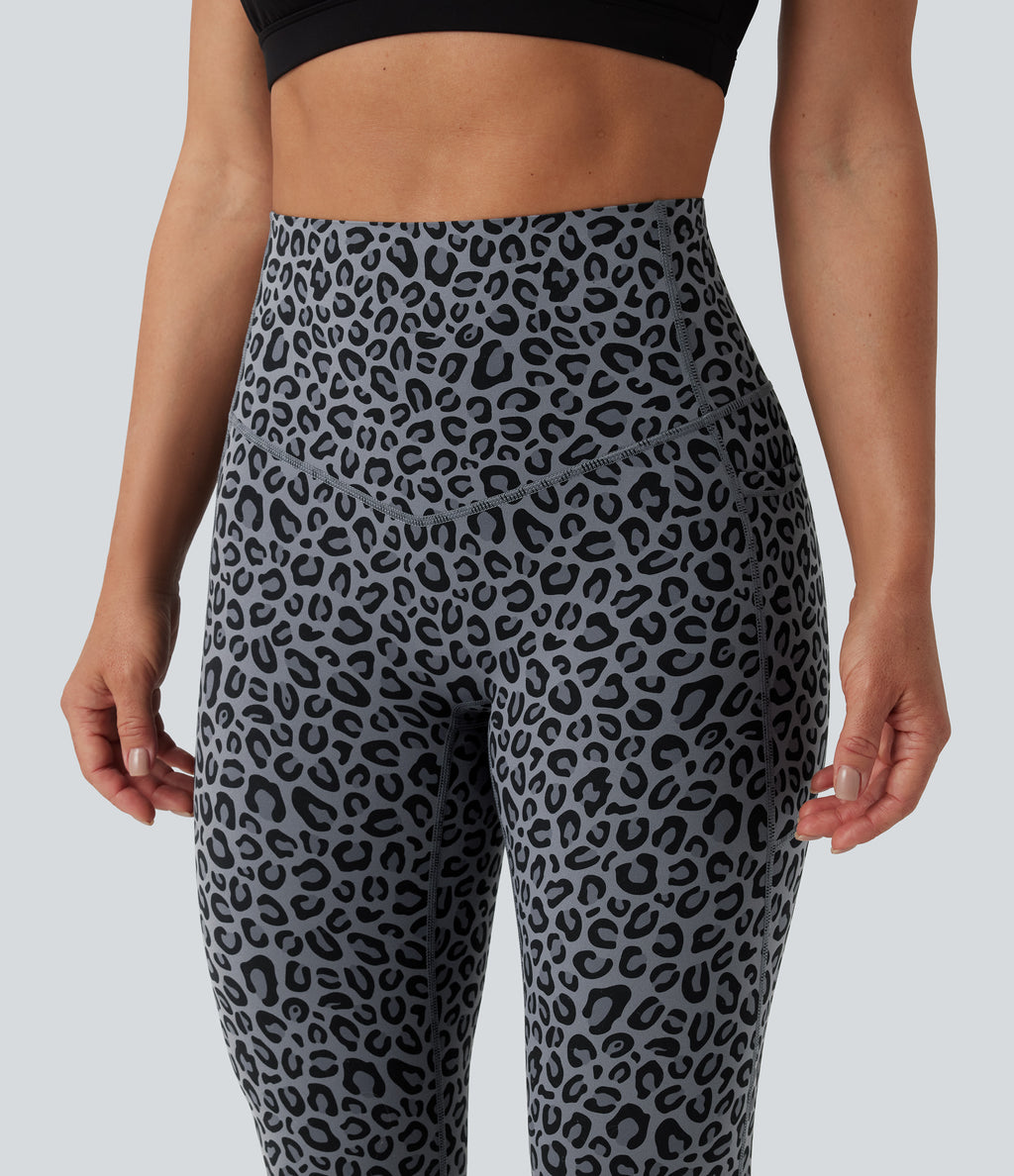 Leopard Print High Waisted Tummy Control Yoga Leggings with Pockets — Charcoal Mist Leopard — view 4