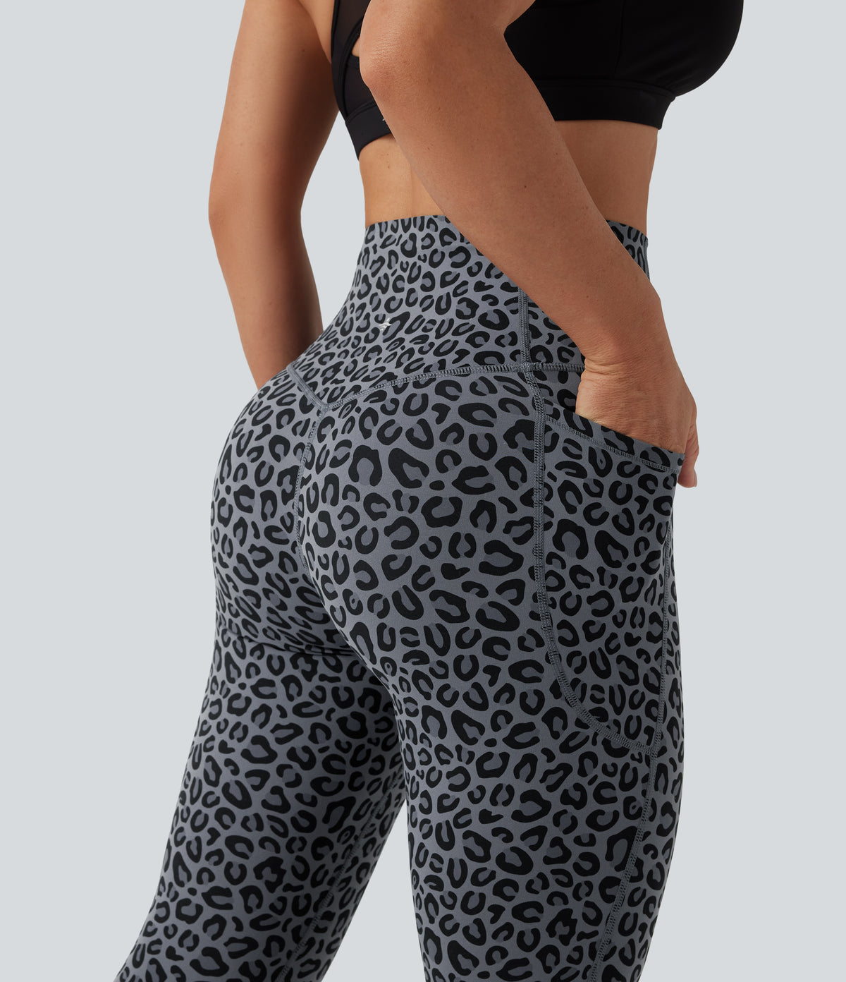 Leopard Print High Waisted Tummy Control Yoga Leggings with Pockets — Charcoal Mist Leopard — view 5
