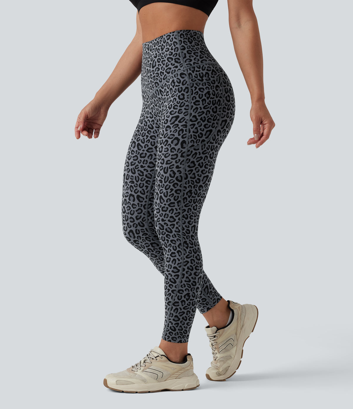 Leopard Print High Waisted Tummy Control Yoga Leggings with Pockets — Charcoal Mist Leopard — view 1