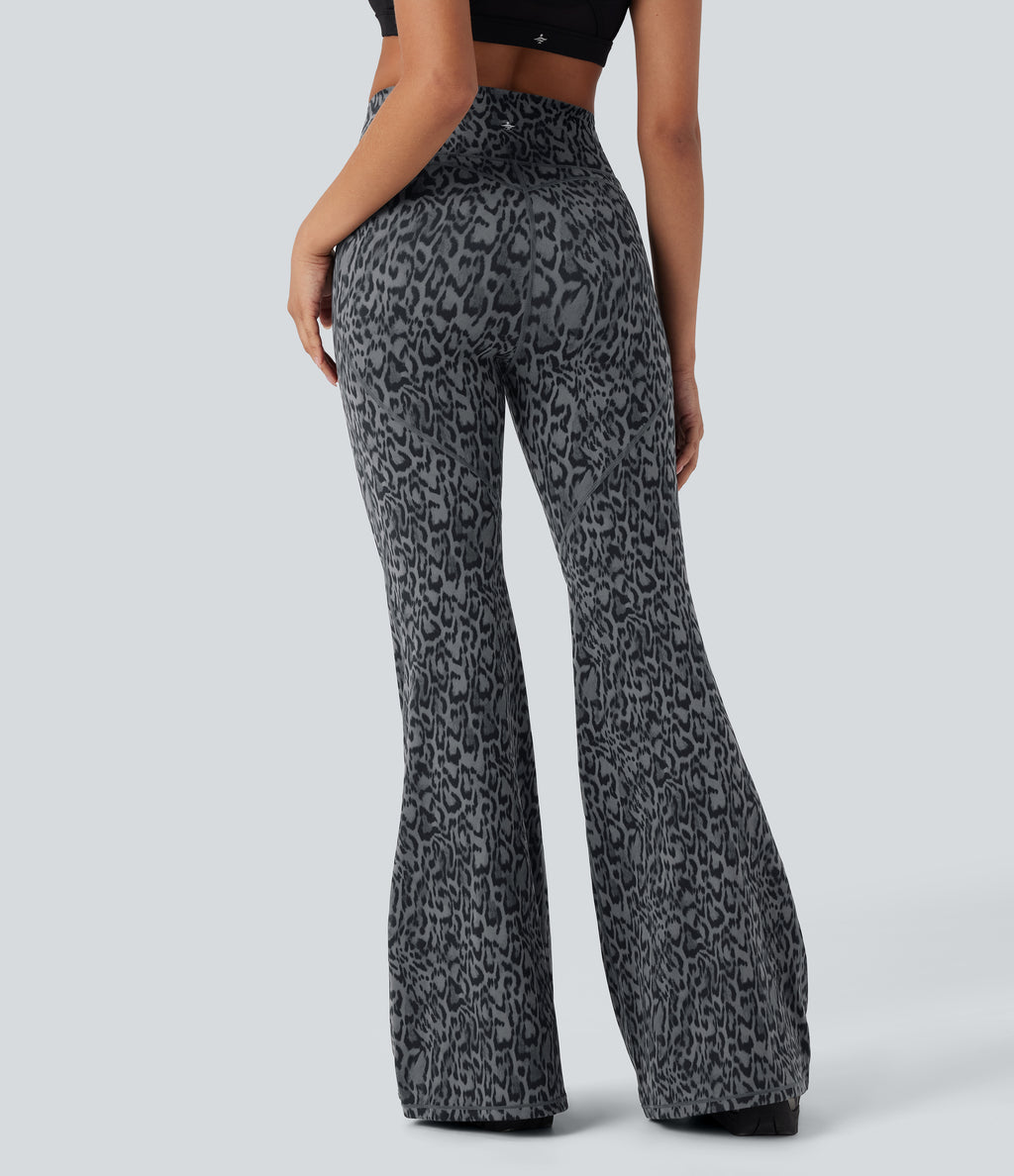 Leopard Print High Waisted Tummy Control Butt Lifting Yoga Flared Leggings — Shadow Leopard — view 2