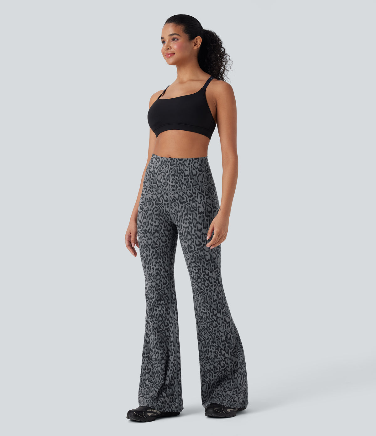 Leopard Print High Waisted Tummy Control Butt Lifting Yoga Flared Leggings — Shadow Leopard — view 6