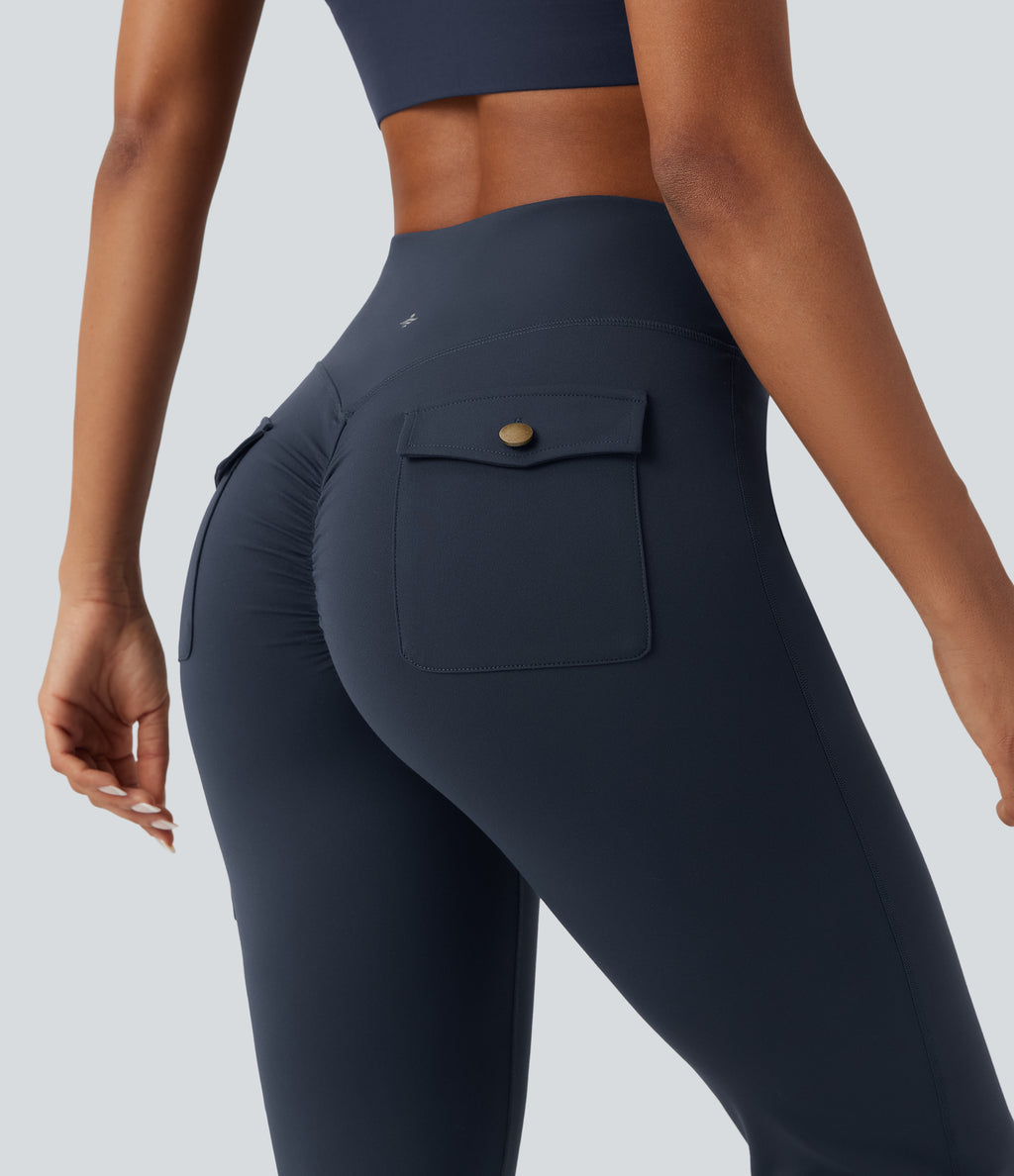 High Waisted Tummy Control Ruched Workout Flared Trousers with Pockets — Midnight Blue — view 5