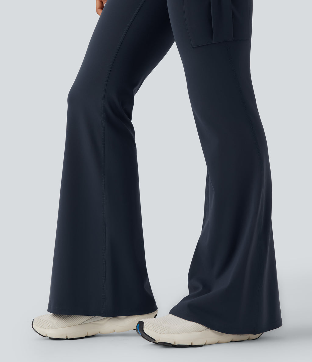 High Waisted Tummy Control Ruched Workout Flared Trousers with Pockets — Midnight Blue — view 6