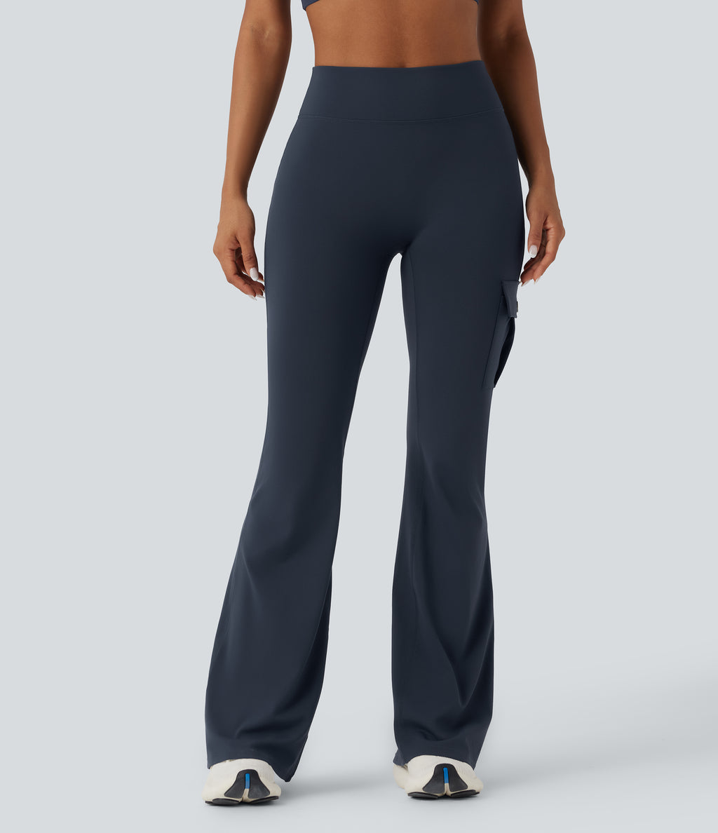 High Waisted Tummy Control Ruched Workout Flared Trousers with Pockets — Midnight Blue — view 2