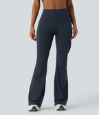 High Waisted Tummy Control Ruched Workout Flared Trousers with Pockets — Midnight Blue — view 2