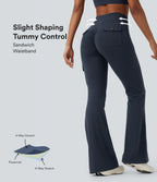 High Waisted Tummy Control Ruched Workout Flared Trousers with Pockets — Midnight Blue — view 1
