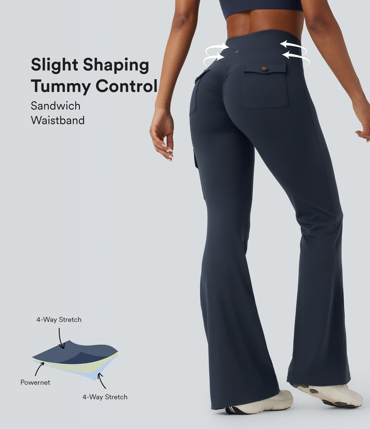 High Waisted Tummy Control Ruched Workout Flared Trousers with Pockets — Midnight Blue — view 1