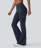 High Waisted Tummy Control Ruched Workout Flared Trousers with Pockets — Midnight Blue — view 3