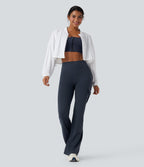 High Waisted Tummy Control Ruched Workout Flared Trousers with Pockets — Midnight Blue — view 7