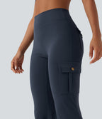 High Waisted Tummy Control Ruched Workout Flared Trousers with Pockets — Midnight Blue — view 4