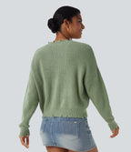 V-neck Distressed Casual Jumper — Green Pine — view 2