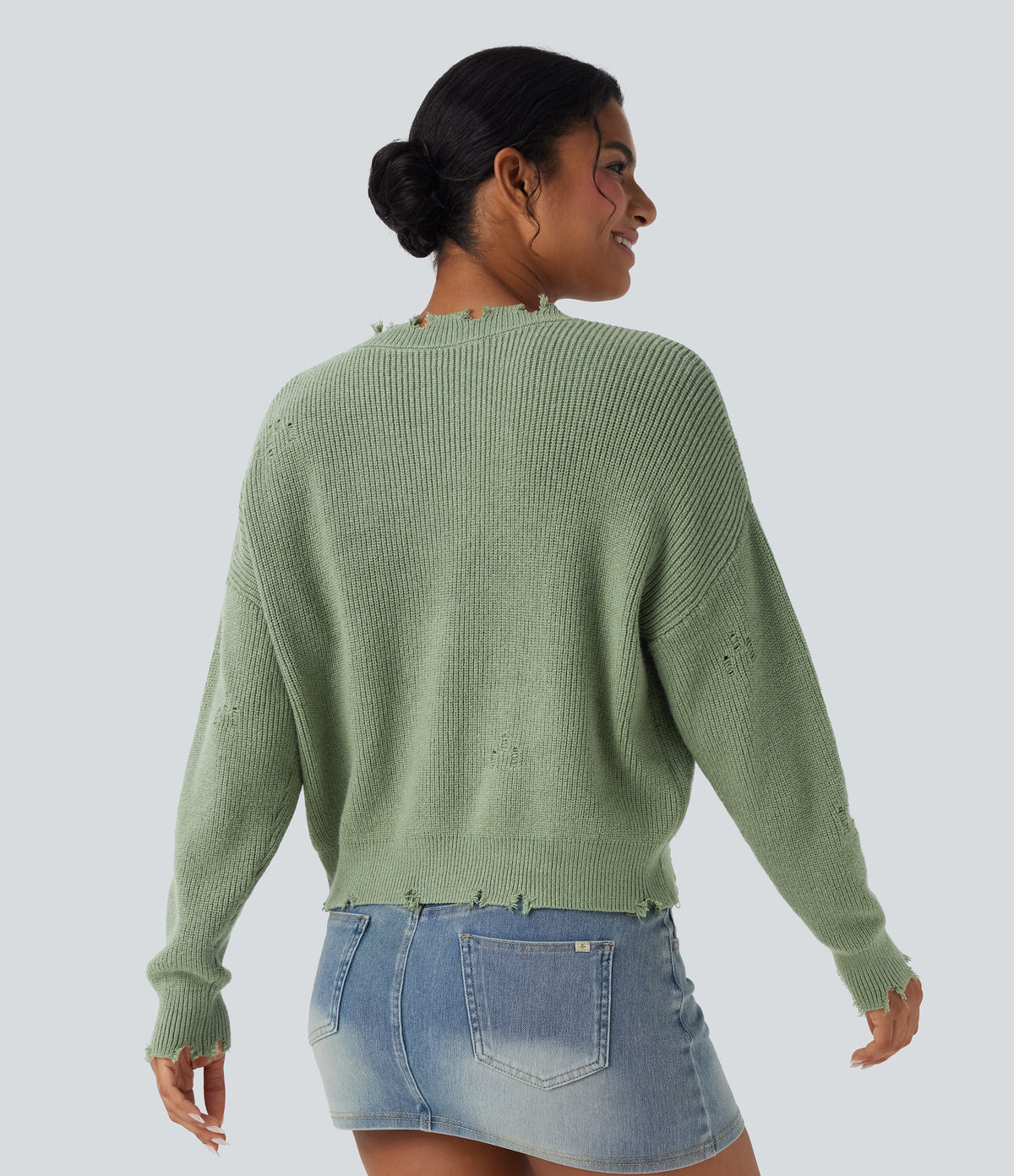 V-neck Distressed Casual Jumper — Green Pine — view 2