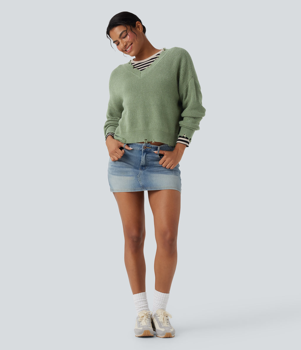 V-neck Distressed Casual Jumper — Green Pine — view 5