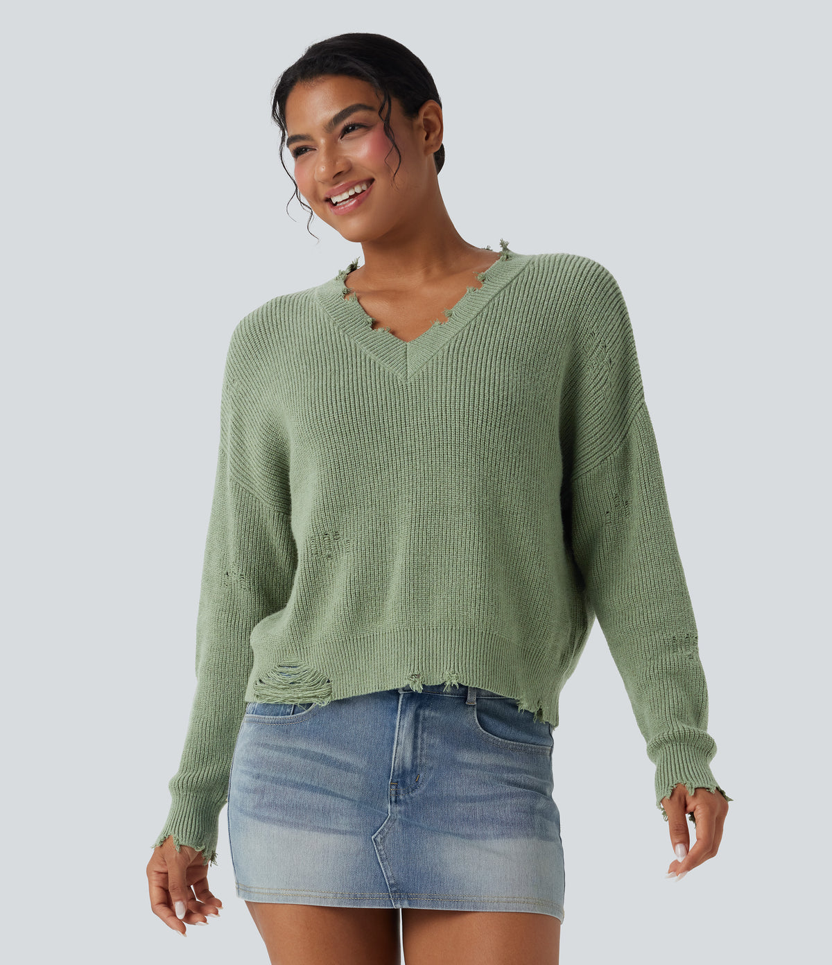 V-neck Distressed Casual Jumper — Green Pine — view 1