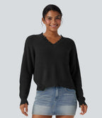 V-neck Distressed Casual Jumper — Black — view 6