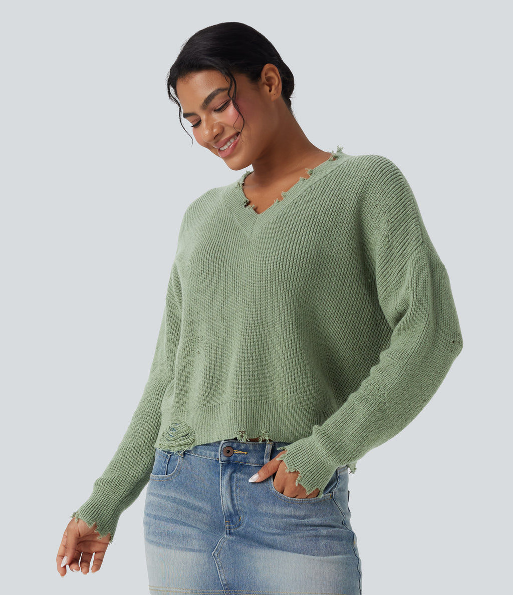 V-neck Distressed Casual Jumper — Green Pine — view 3