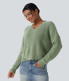 V-neck Distressed Casual Jumper — Green Pine — view 3