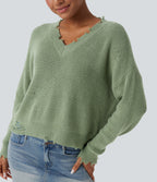 V-neck Distressed Casual Jumper — Green Pine — view 4