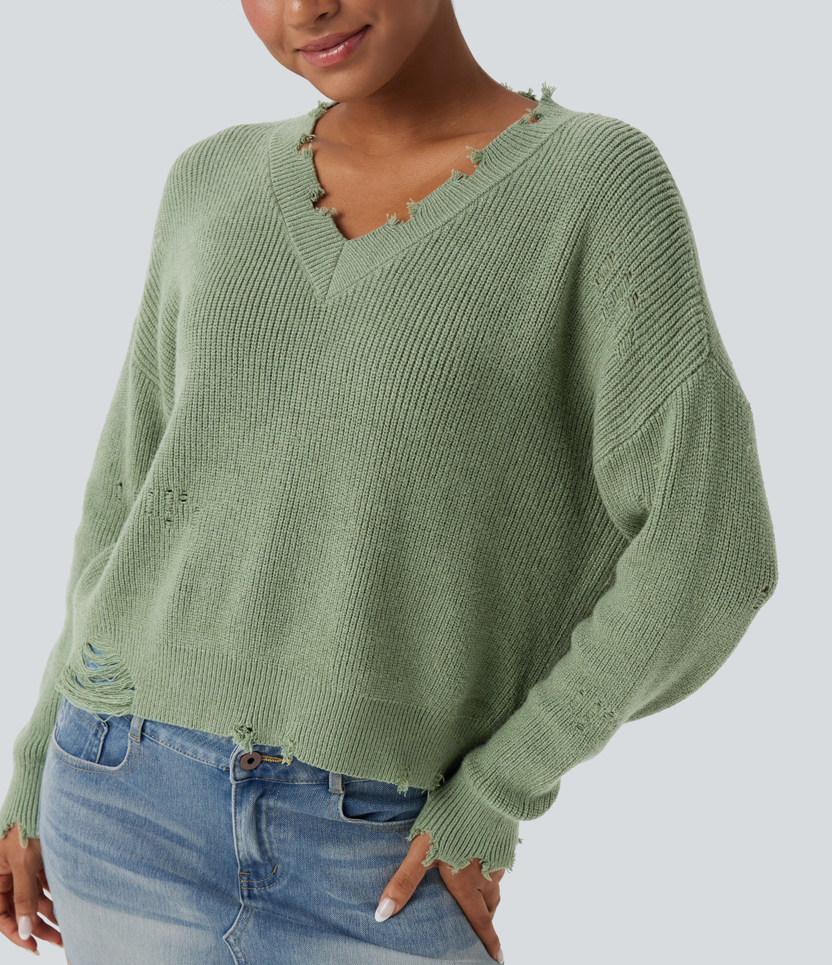 V-neck Distressed Casual Jumper — Green Pine — view 4