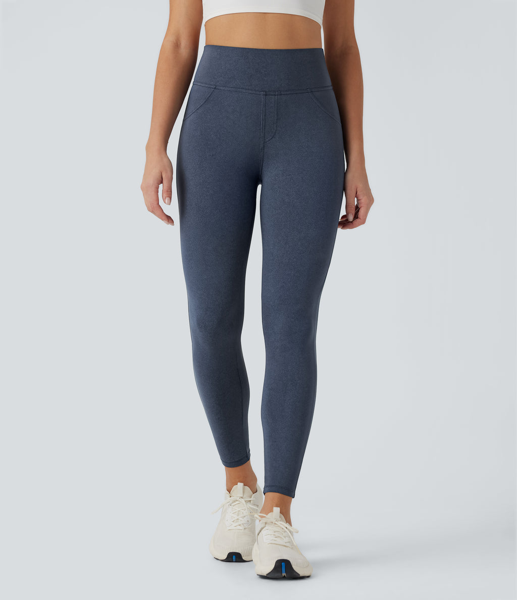 Denim Print High Waisted Tummy Control Butt Lifting Yoga Leggings with Pockets — Blue Fade — view 2