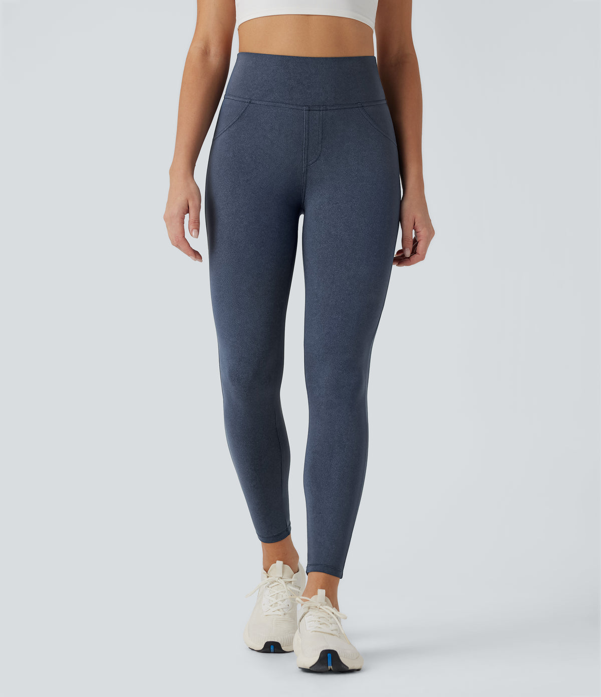 Denim Print High Waisted Tummy Control Butt Lifting Yoga Leggings with Pockets — Blue Fade — view 2