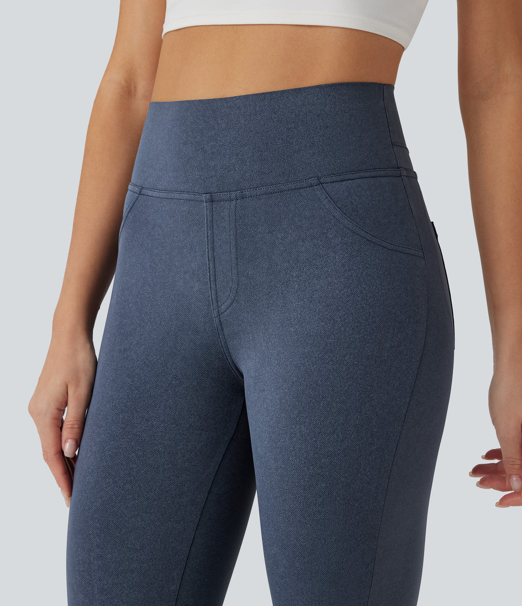 Denim Print High Waisted Tummy Control Butt Lifting Yoga Leggings with Pockets — Blue Fade — view 6