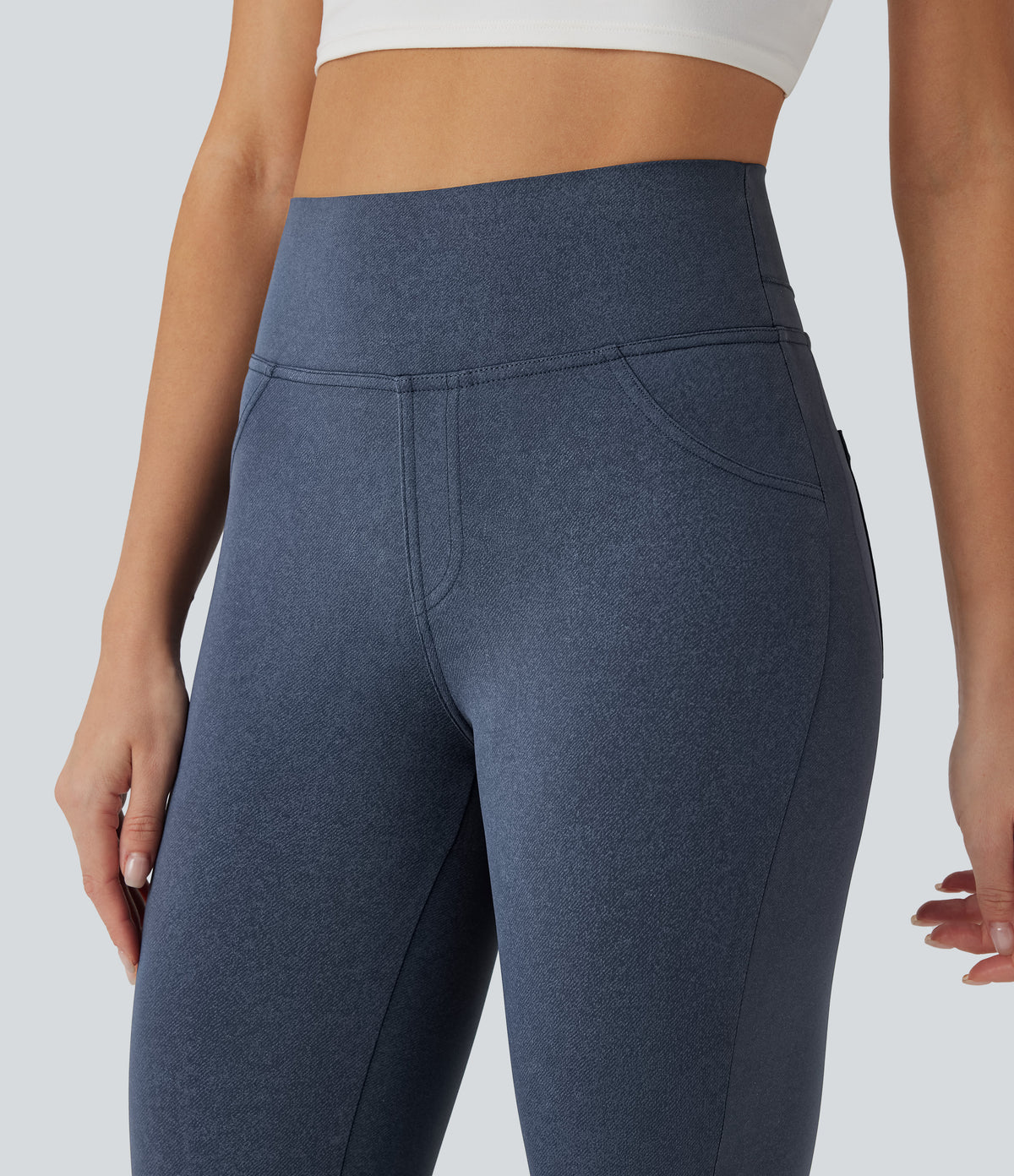 Denim Print High Waisted Tummy Control Butt Lifting Yoga Leggings with Pockets — Blue Fade — view 6