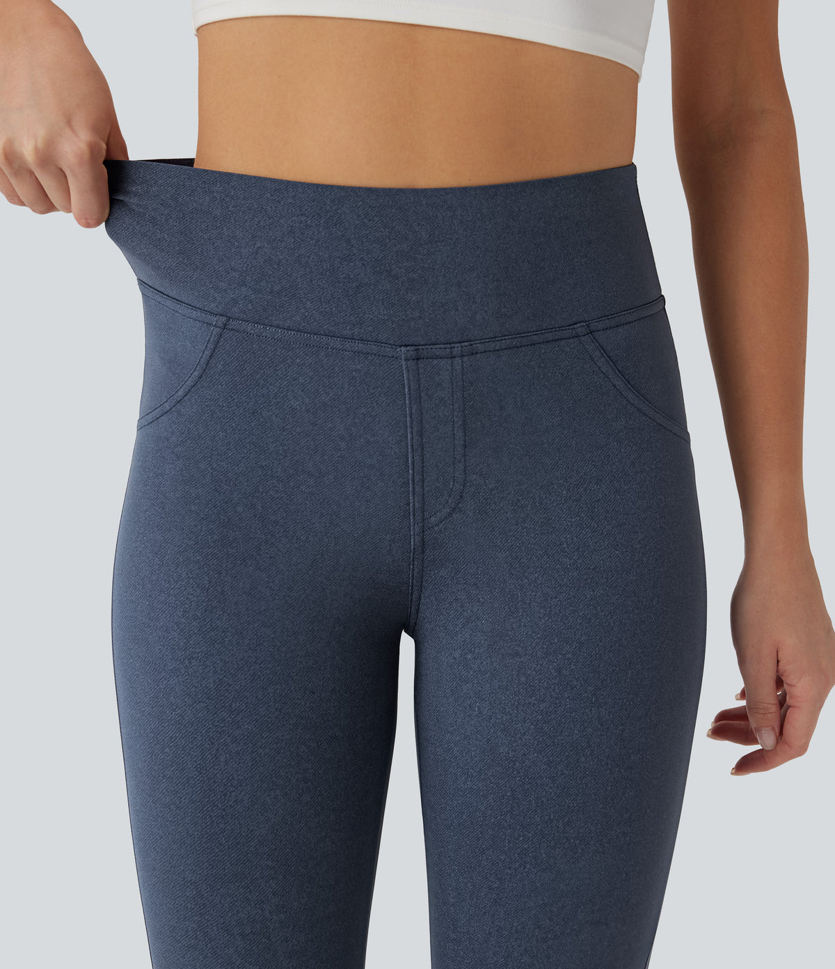 Denim Print High Waisted Tummy Control Butt Lifting Yoga Leggings with Pockets — Blue Fade — view 4