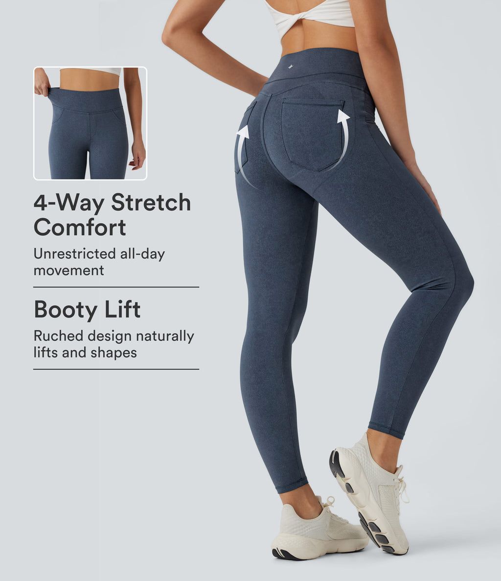 Denim Print High Waisted Tummy Control Butt Lifting Yoga Leggings with Pockets — Blue Fade — view 1