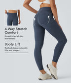 Denim Print High Waisted Tummy Control Butt Lifting Yoga Leggings with Pockets — Blue Fade — view 1