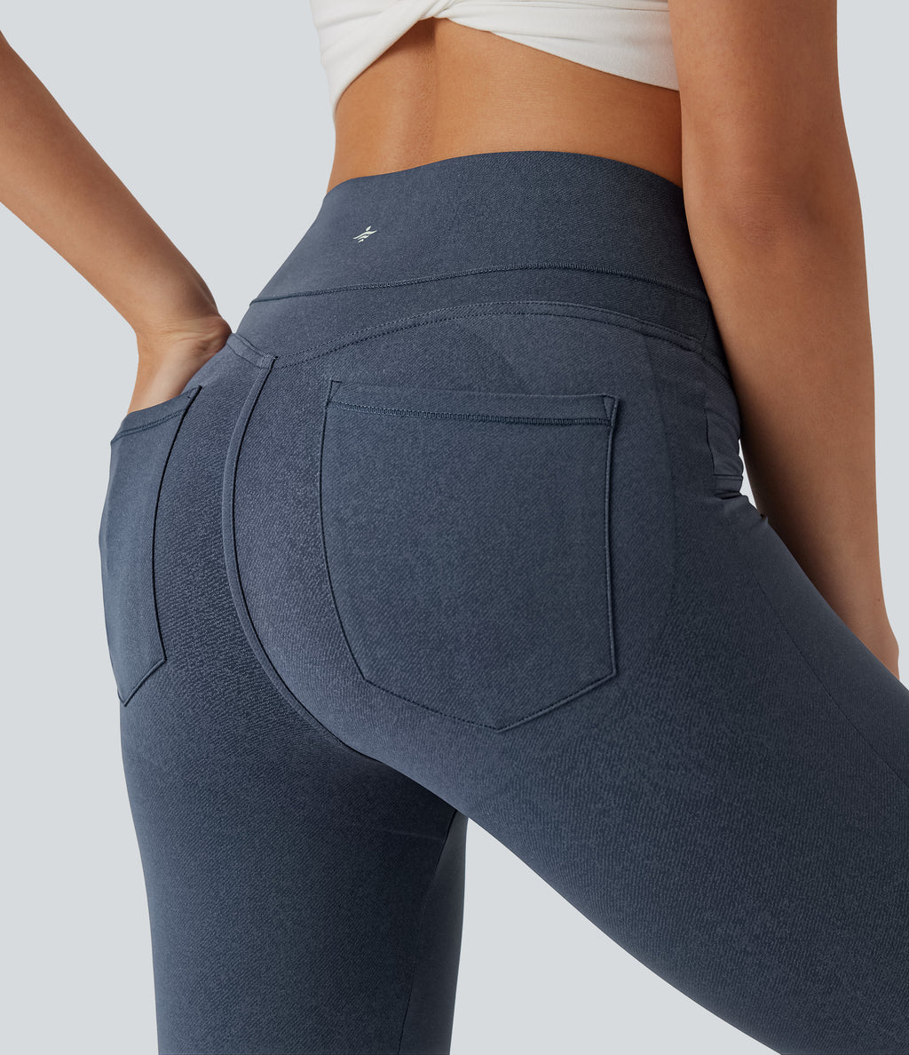Denim Print High Waisted Tummy Control Butt Lifting Yoga Leggings with Pockets — Blue Fade — view 5
