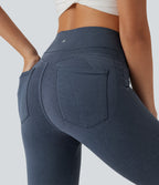 Denim Print High Waisted Tummy Control Butt Lifting Yoga Leggings with Pockets — Blue Fade — view 5