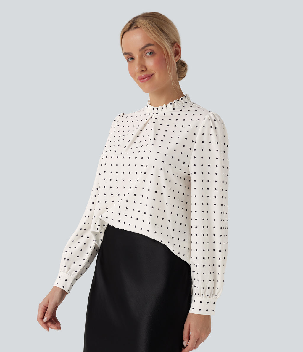 Frill Mock-neck Polka Dot Work Blouse — Black Polka — view 3