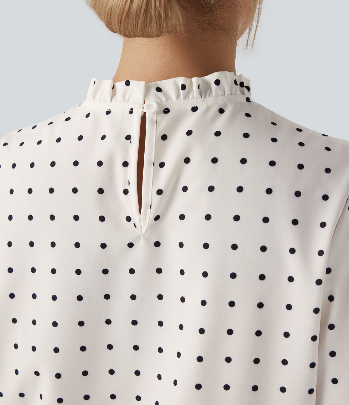 Frill Mock-neck Polka Dot Work Blouse — Black Polka — view 5