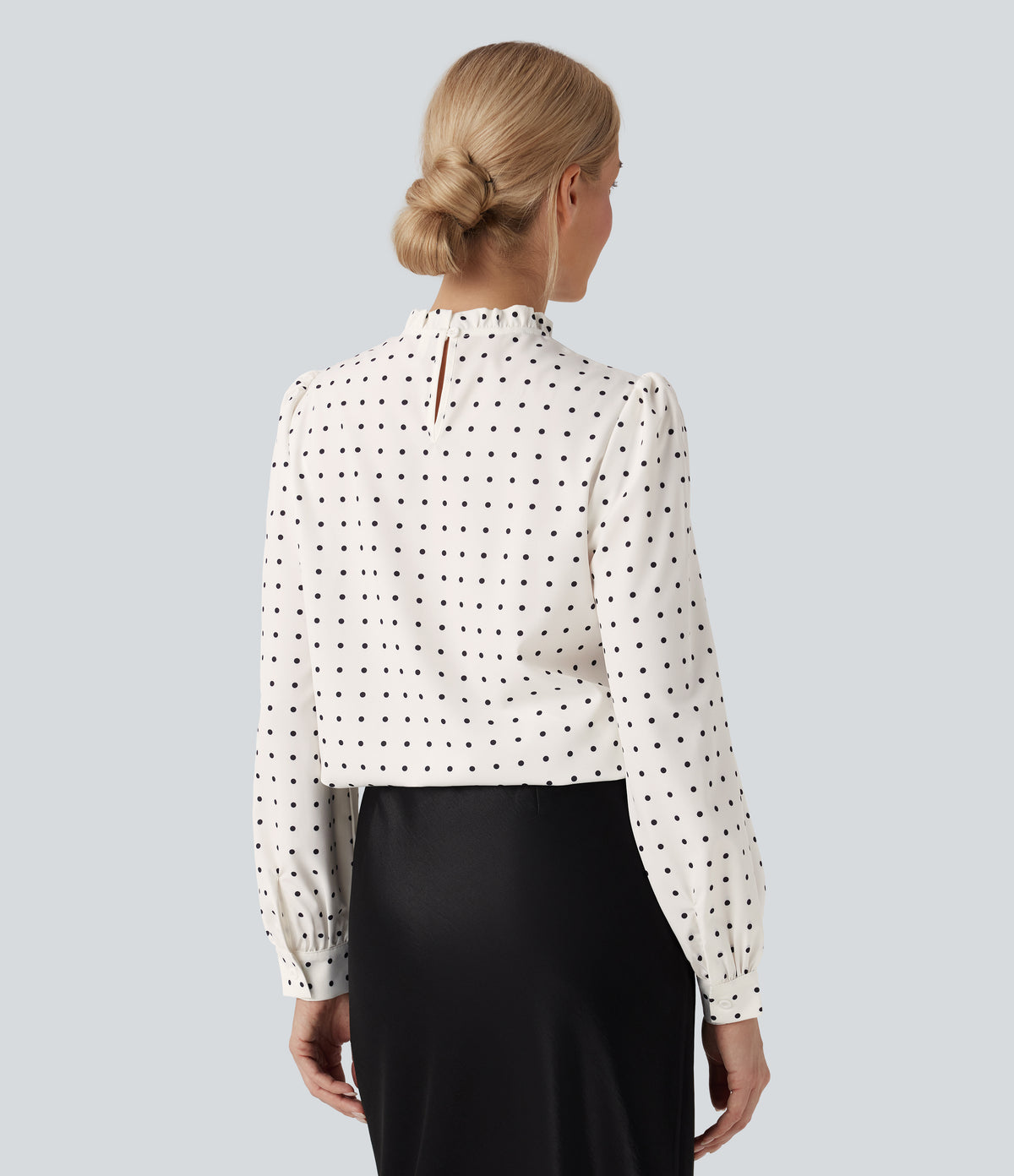 Frill Mock-neck Polka Dot Work Blouse — Black Polka — view 2