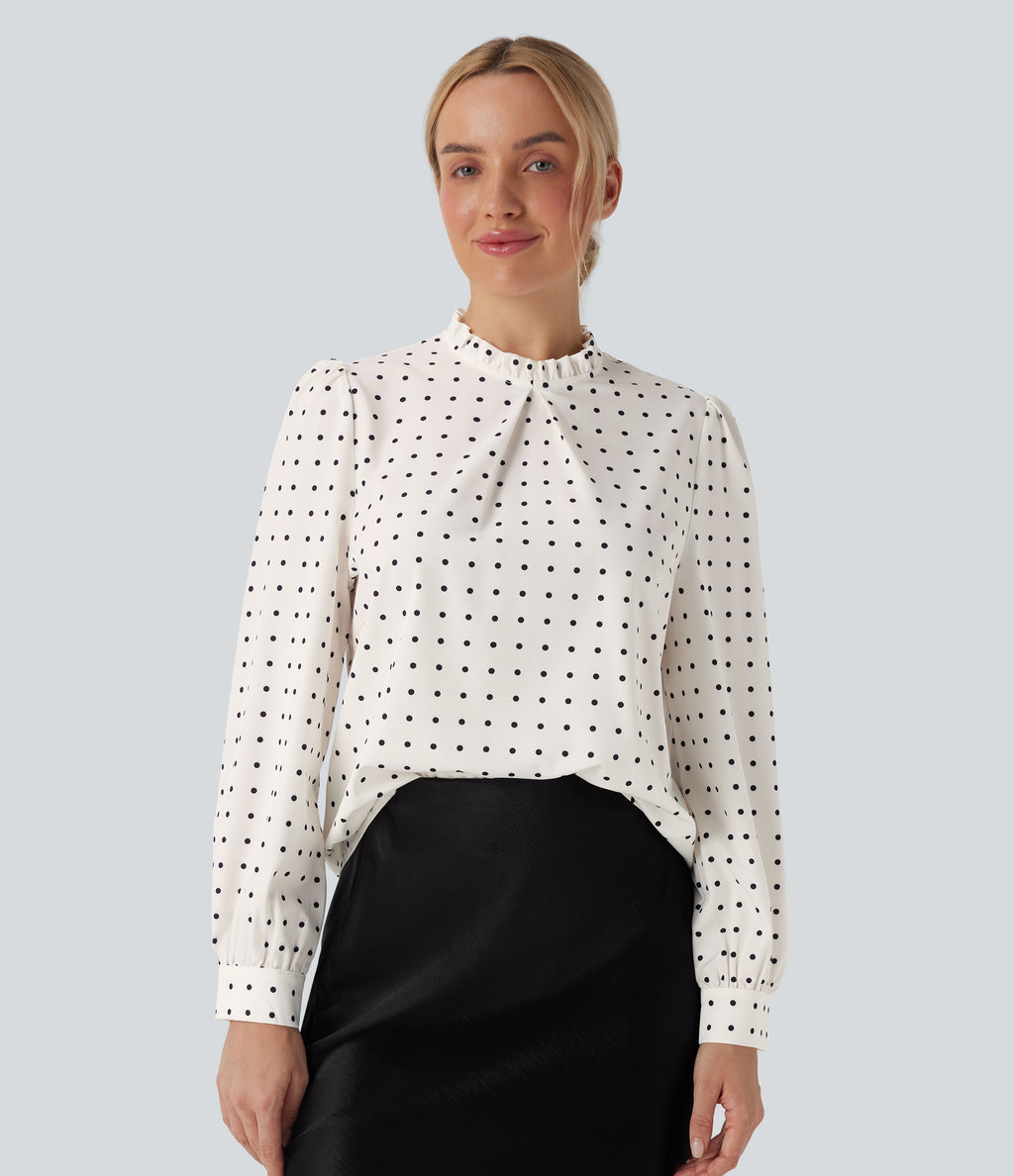 Frill Mock-neck Polka Dot Work Blouse — Black Polka — view 1