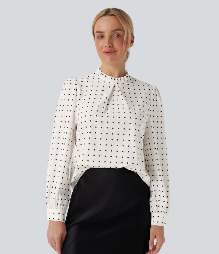 Frill Mock-neck Polka Dot Work Blouse — Black Polka — view 1