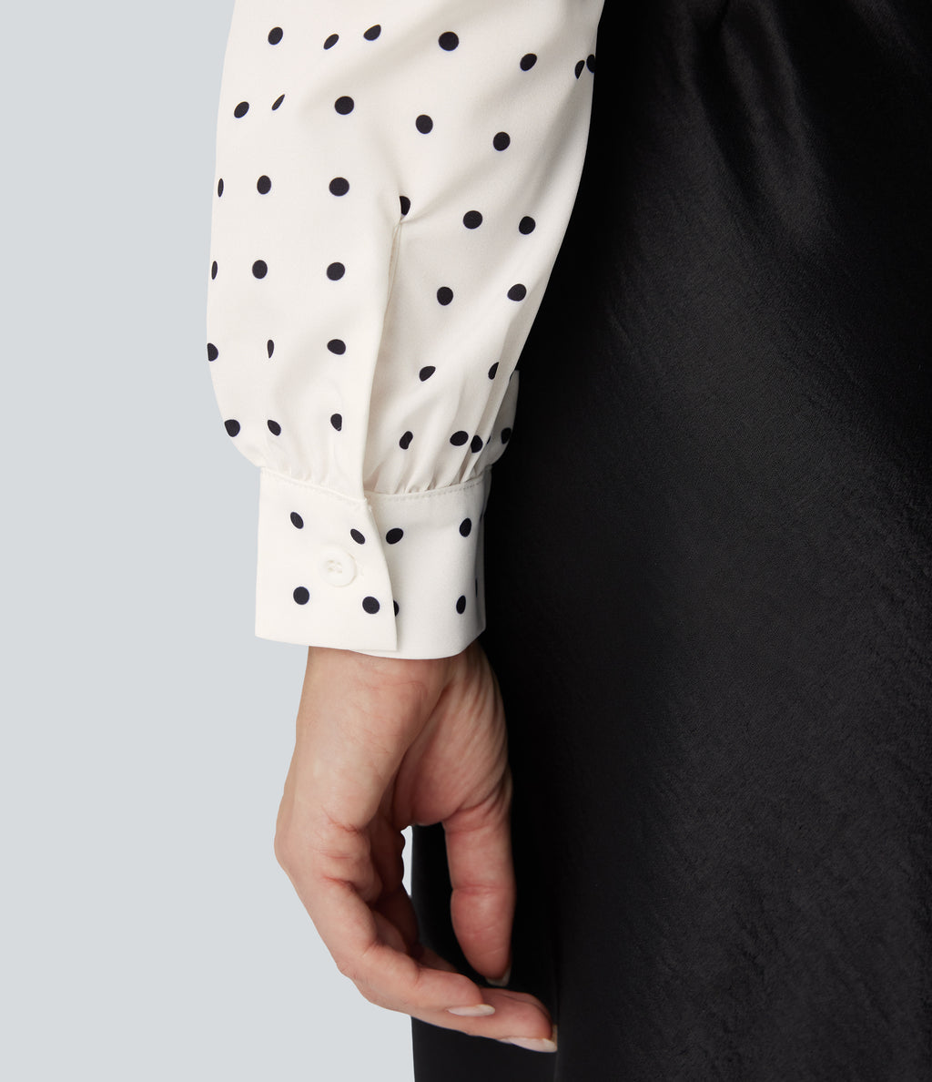 Frill Mock-neck Polka Dot Work Blouse — Black Polka — view 6