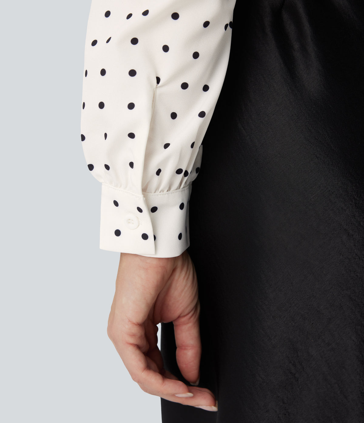Frill Mock-neck Polka Dot Work Blouse — Black Polka — view 6