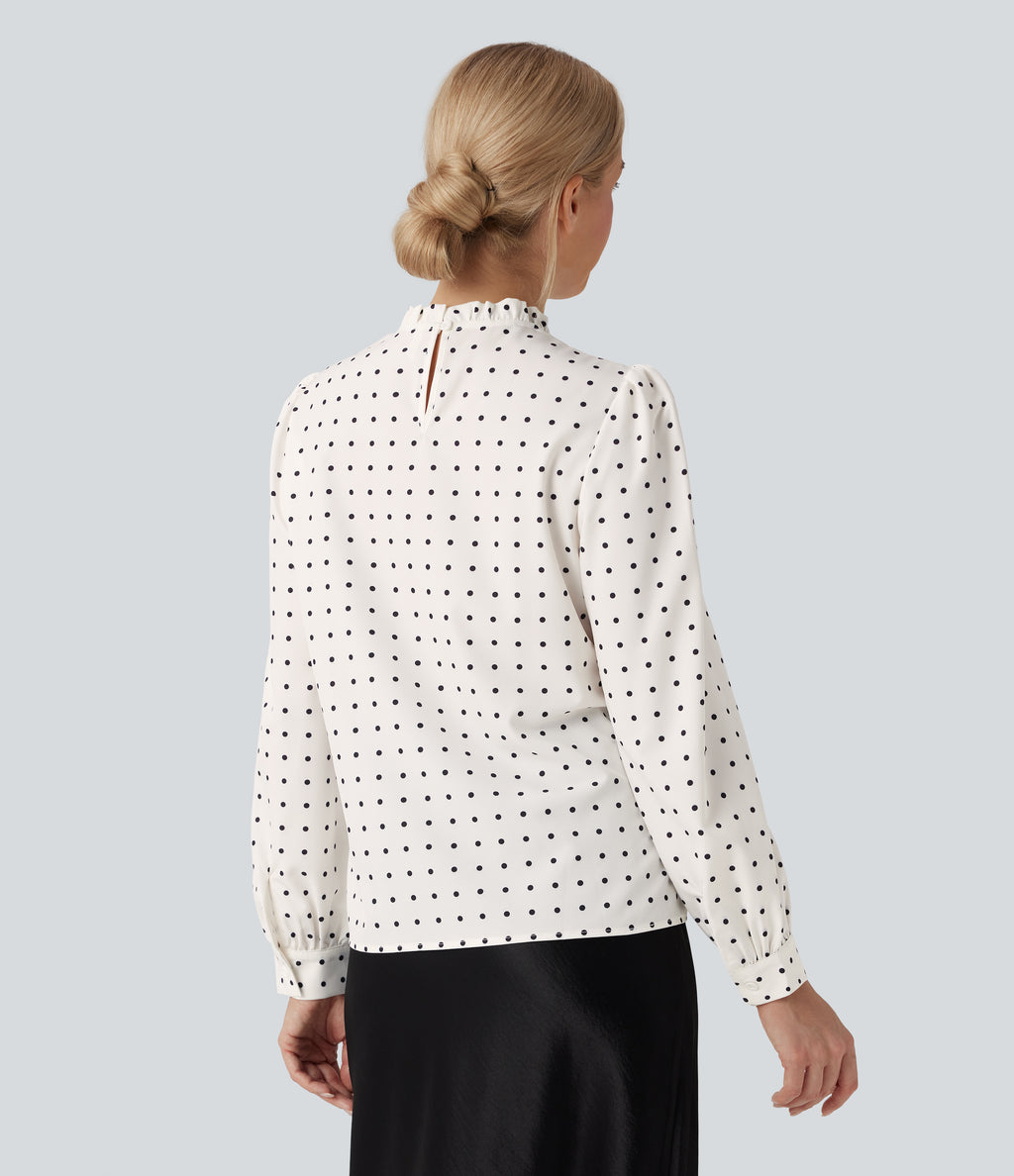 Frill Mock-neck Polka Dot Work Blouse — Black Polka — view 8