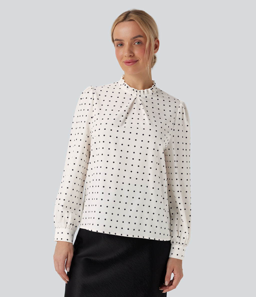 Frill Mock-neck Polka Dot Work Blouse — Black Polka — view 7