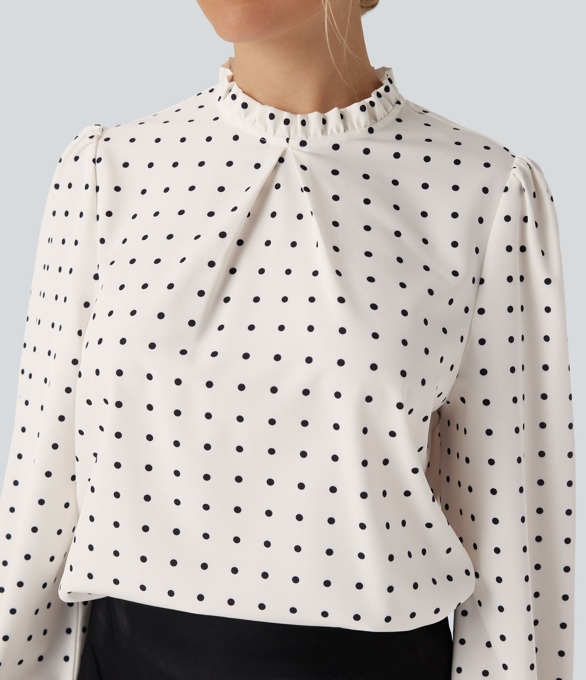 Frill Mock-neck Polka Dot Work Blouse — Black Polka — view 4