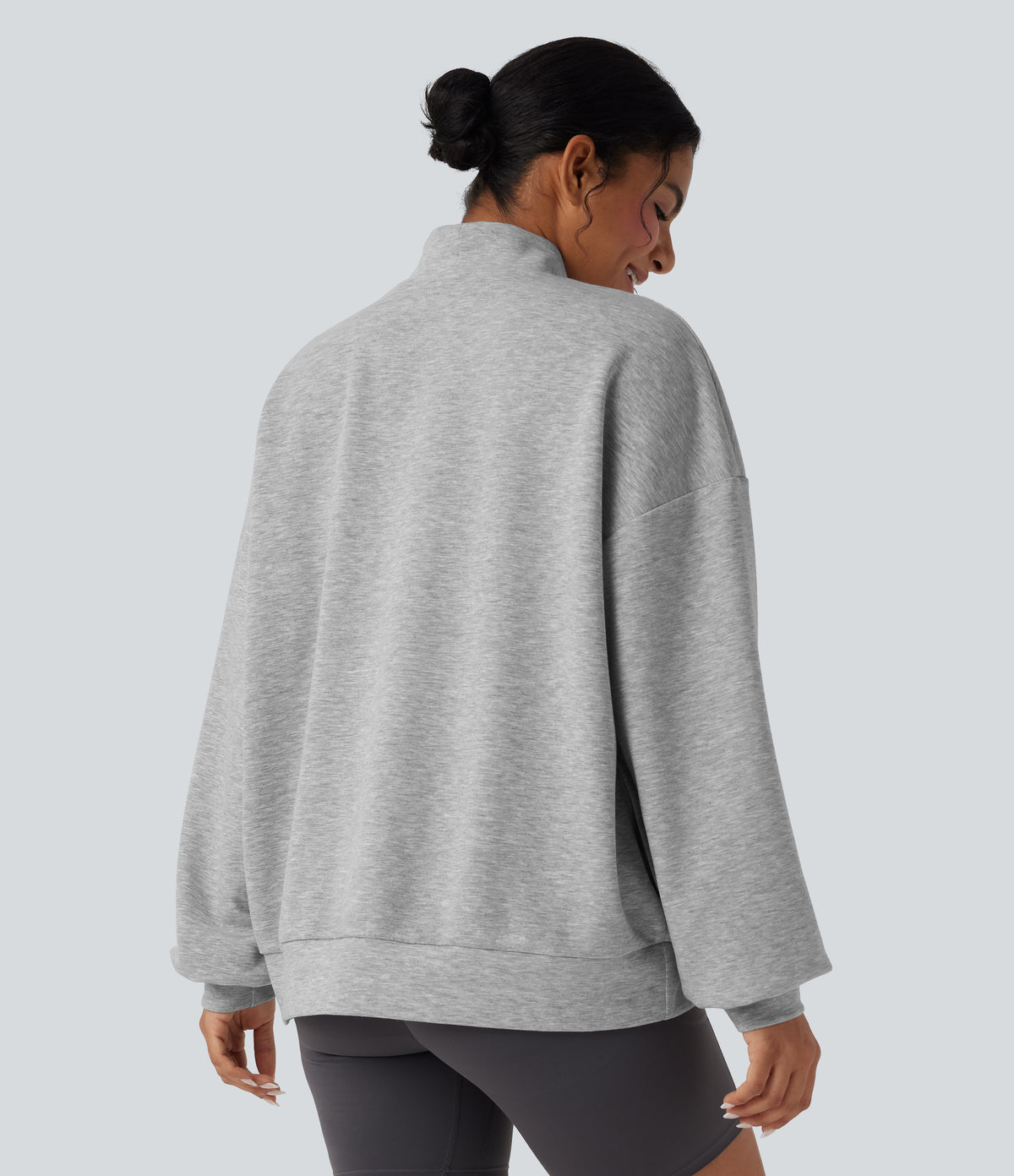 Mock-neck Relaxed Casual Sweatshirt with Pockets — Fog Gray — view 2