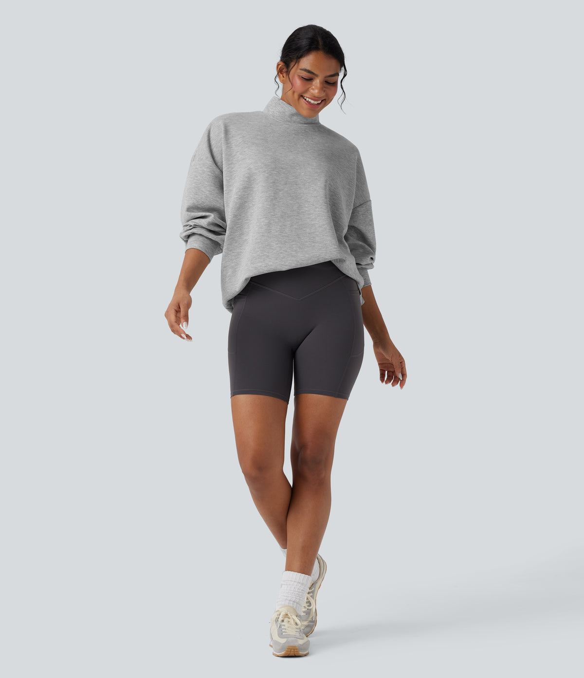 Mock-neck Relaxed Casual Sweatshirt with Pockets — Fog Gray — view 7