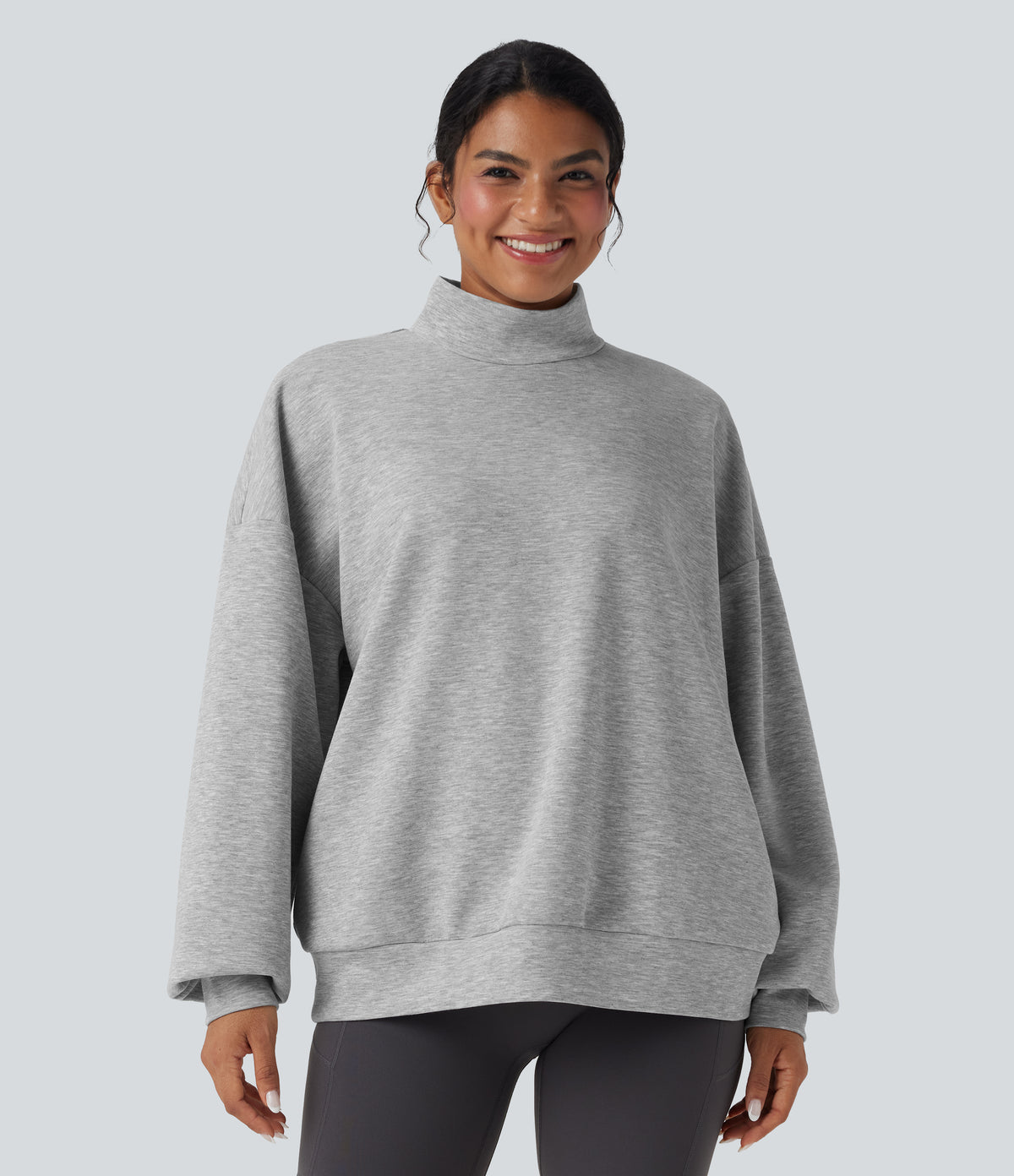 Mock-neck Relaxed Casual Sweatshirt with Pockets — Fog Gray — view 6