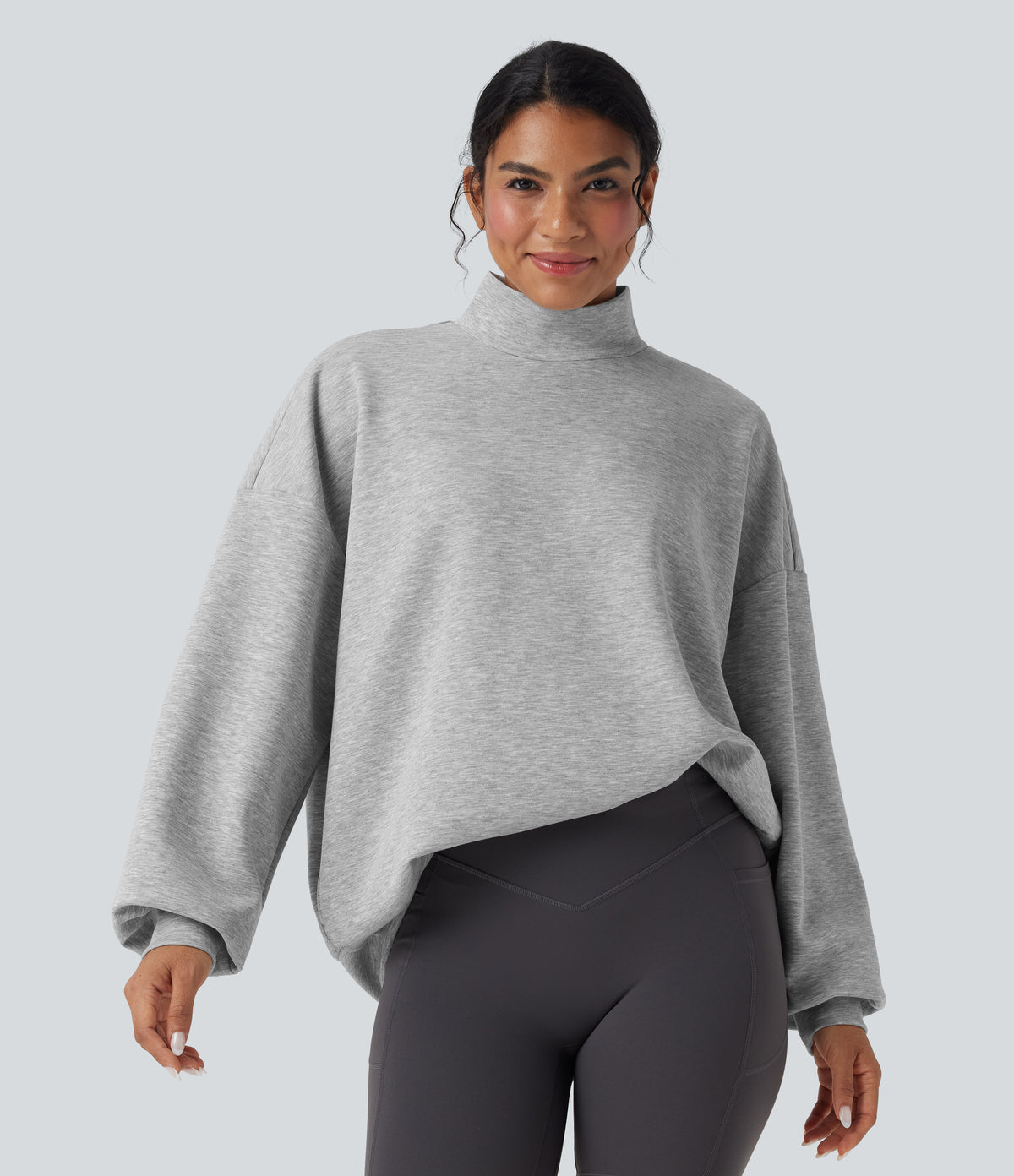 Mock-neck Relaxed Casual Sweatshirt with Pockets — Fog Gray — view 1