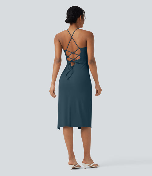Airy Crossover Ruched Lace Up Bodycon InstantCool Dress DD-F Cups — Ink Green — view 2