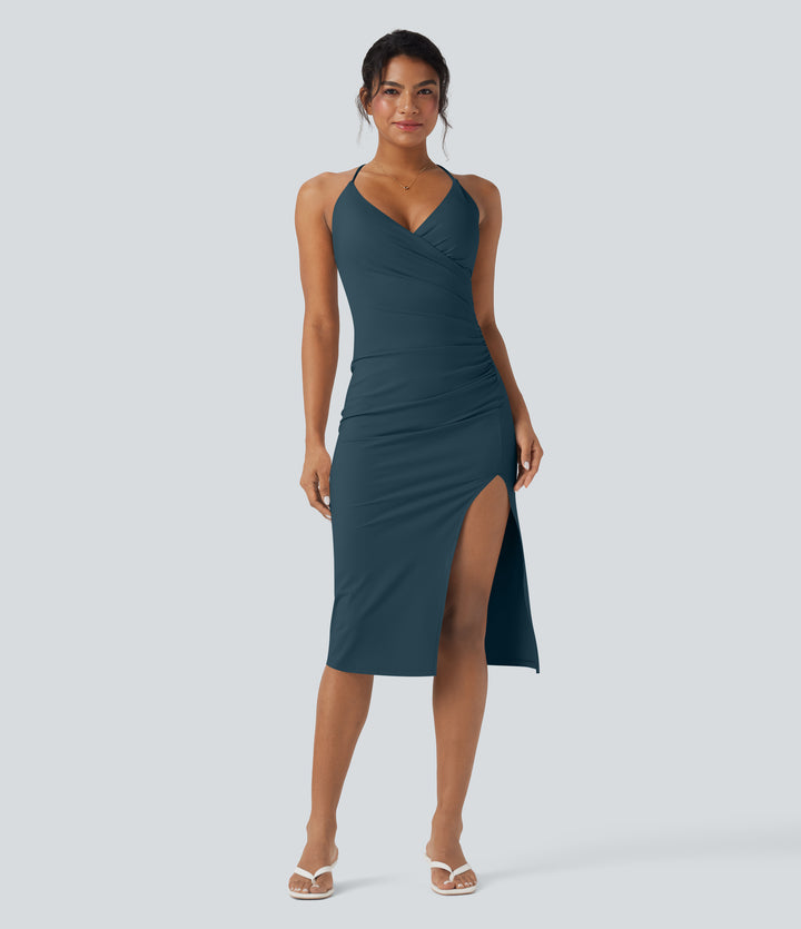 Airy Crossover Ruched Lace Up Bodycon InstantCool Dress DD-F Cups — Ink Green — view 1