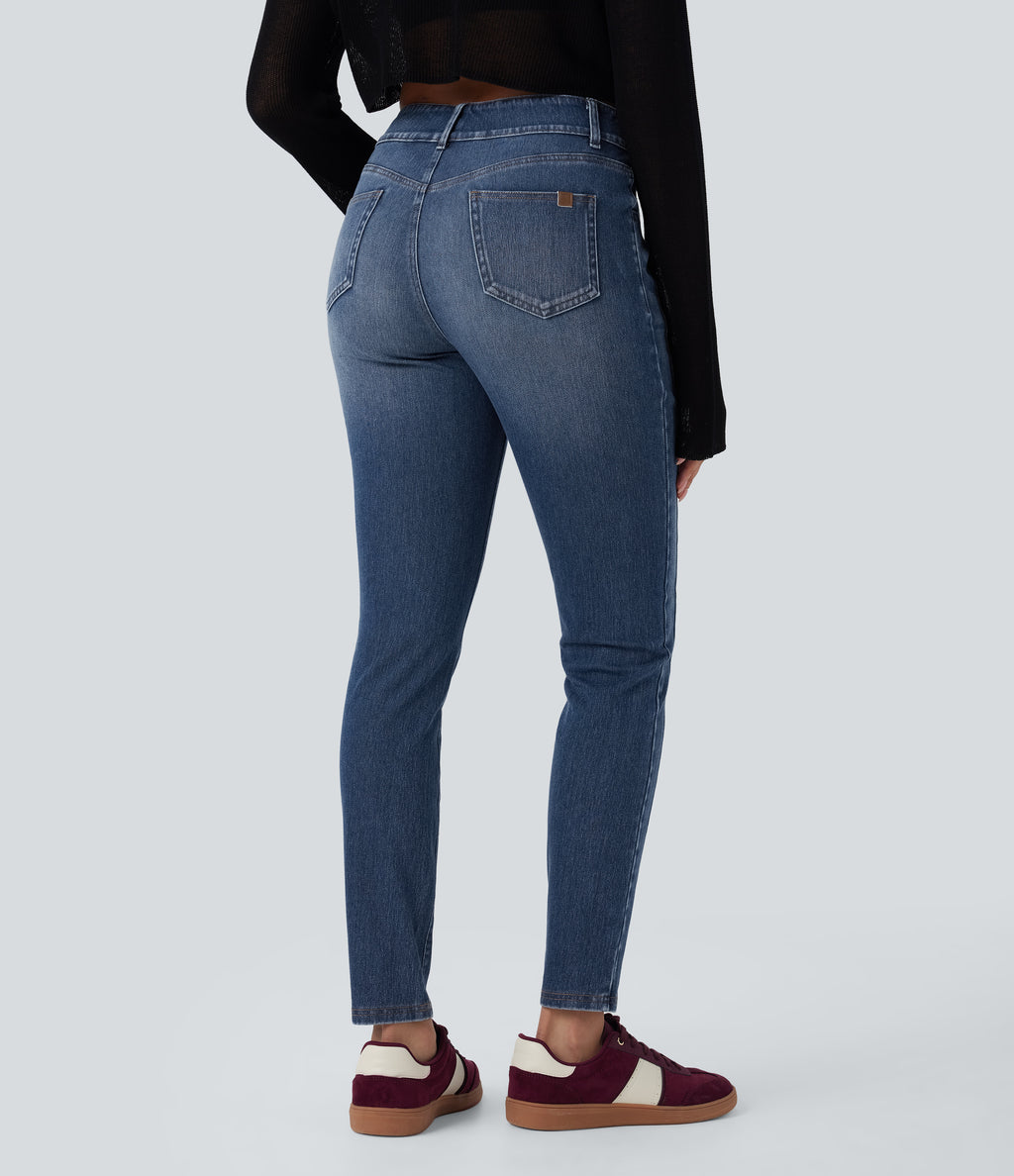 Mid Rise Washed Casual Skinny Jeans with Pockets — Tide Blue Denim — view 2